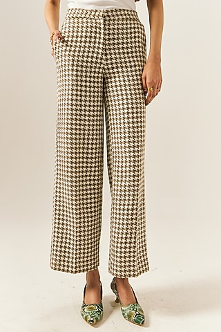 Beige Cotton Houndstooth Woolen Checkered Straight Pants by Spacelines
