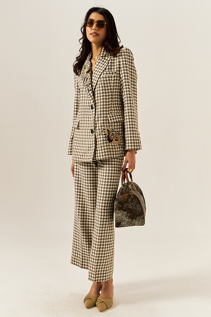 Beige Cotton Houndstooth Woolen Checkered Straight Pants by Spacelines at Pernia's Pop Up Shop