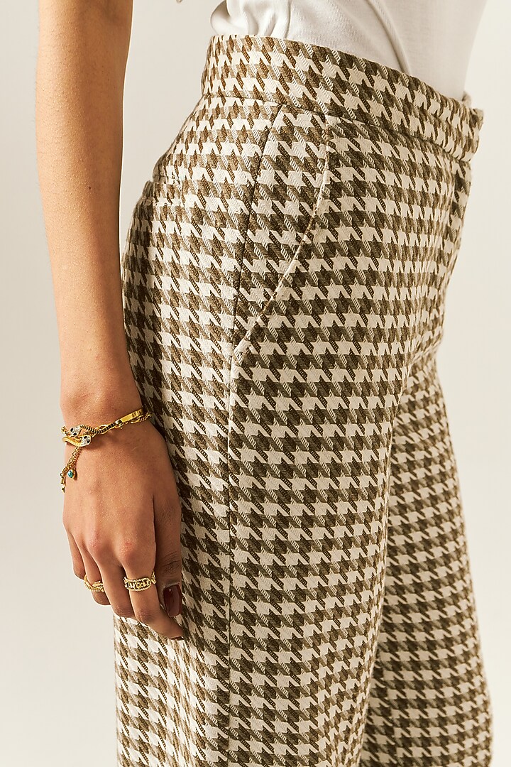 Beige Cotton Houndstooth Woolen Checkered Straight Pants by Spacelines at Pernia's Pop Up Shop
