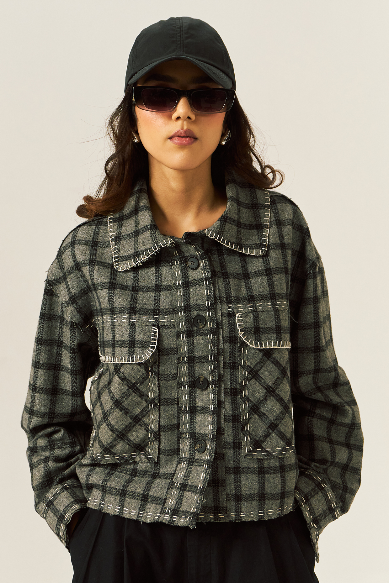 Grey Cotton Houndstooth Woolen Checkered Shacket by Spacelines at Pernia's Pop Up Shop