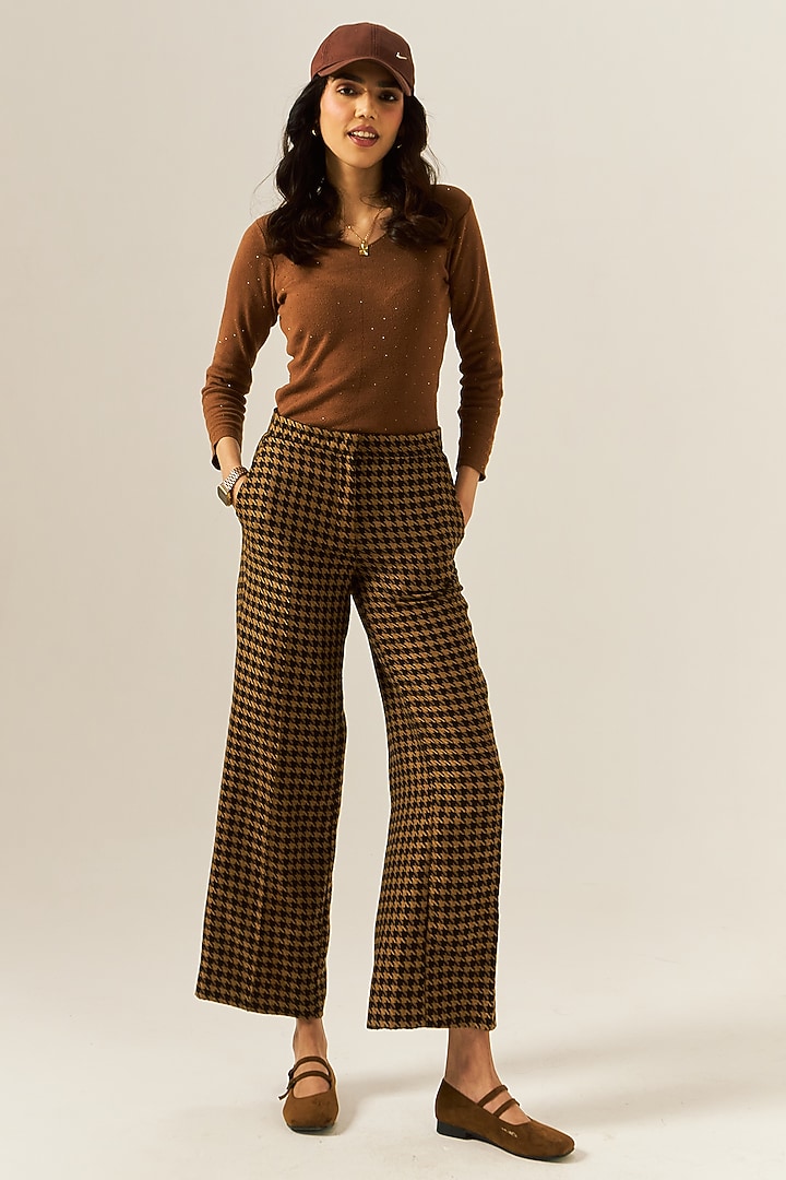 Brown Cotton Houndstooth Woolen Checkered Straight Pants by Spacelines at Pernia's Pop Up Shop