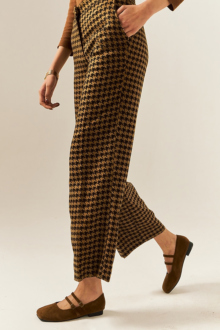 Brown Cotton Houndstooth Woolen Checkered Straight Pants by Spacelines at Pernia's Pop Up Shop