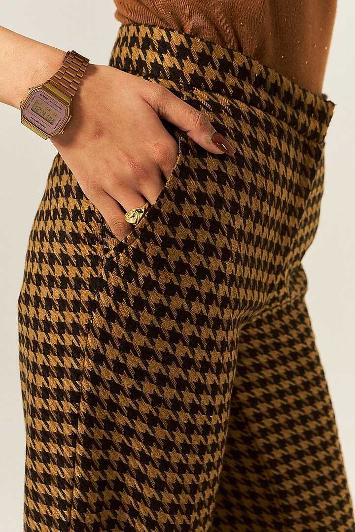 Brown Cotton Houndstooth Woolen Checkered Straight Pants by Spacelines at Pernia's Pop Up Shop