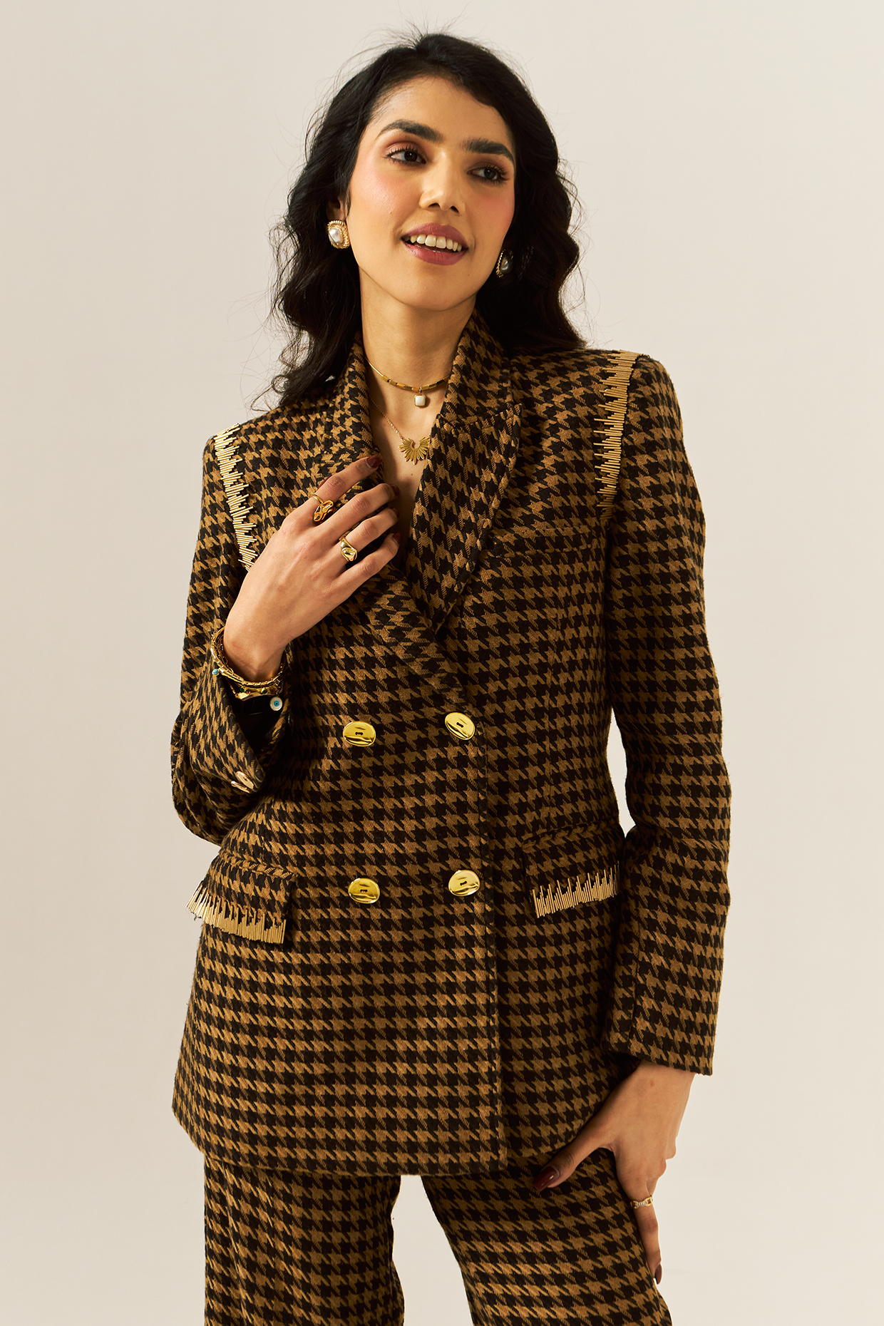 Brown Cotton Houndstooth Woolen Checkered Blazer by Spacelines at Pernia's Pop Up Shop