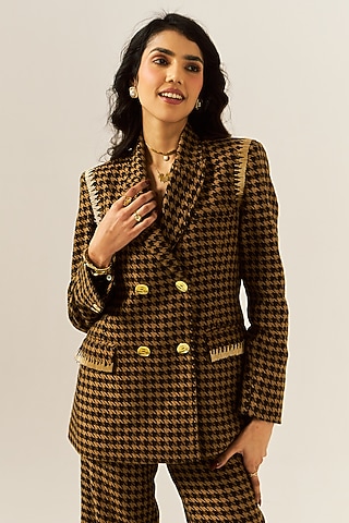 Brown Cotton Houndstooth Woolen Checkered Blazer by Spacelines