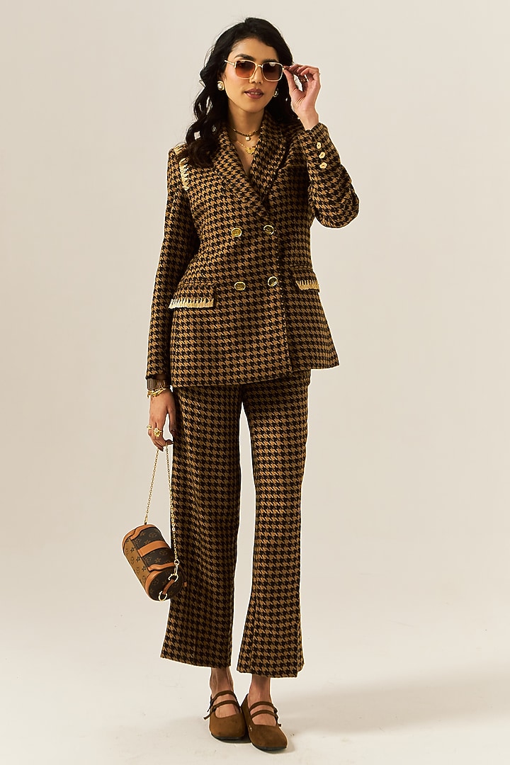 Brown Cotton Houndstooth Woolen Checkered Blazer by Spacelines at Pernia's Pop Up Shop