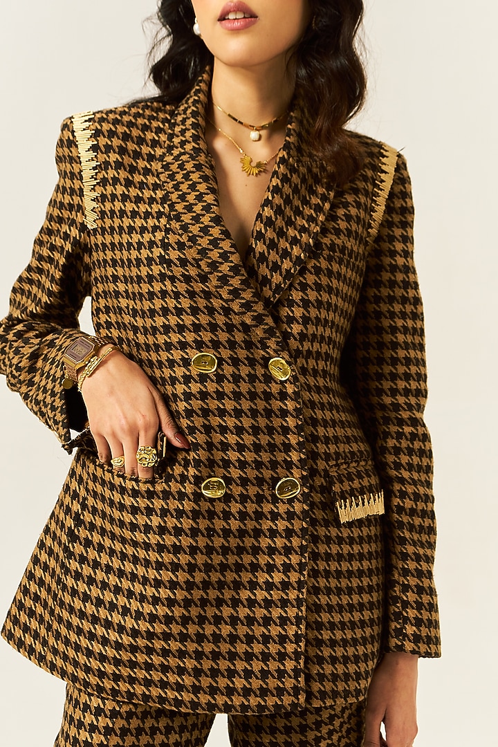Brown Cotton Houndstooth Woolen Checkered Blazer by Spacelines at Pernia's Pop Up Shop