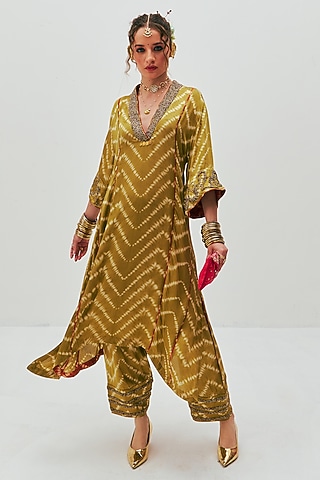 Green Modal Satin Shibori Tie-Dye Printed A-Line Kurta Set by Spacelines