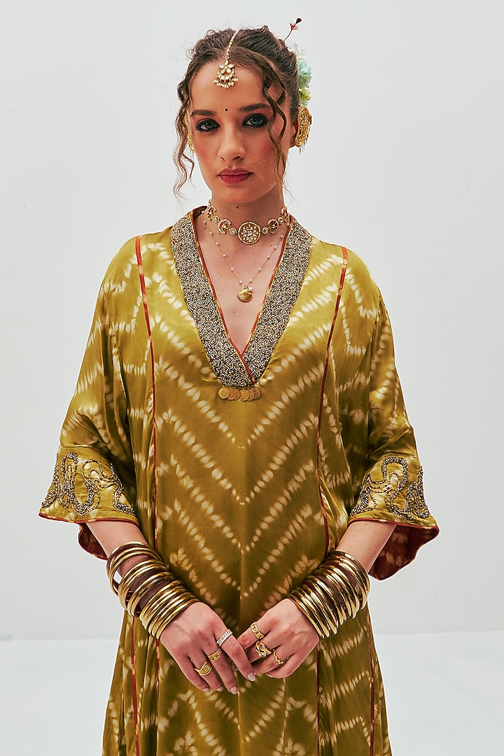 Green Modal Satin Shibori Tie-Dye Printed A-Line Kurta Set by Spacelines at Pernia's Pop Up Shop
