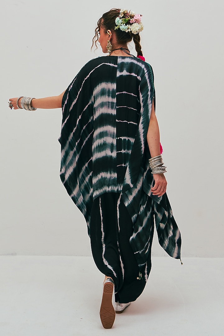 Black Modal Satin Tie-Dye Printed & Embroidered Kaftan by Spacelines at Pernia's Pop Up Shop