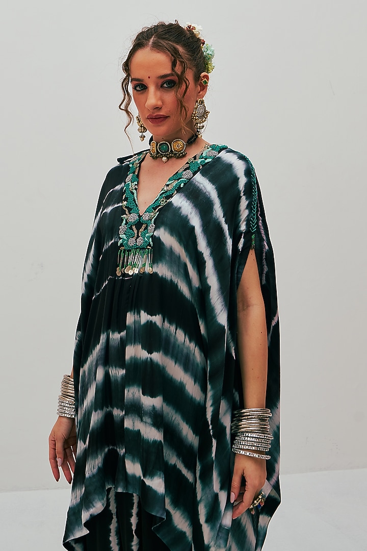 Black Modal Satin Tie-Dye Printed & Embroidered Kaftan by Spacelines at Pernia's Pop Up Shop