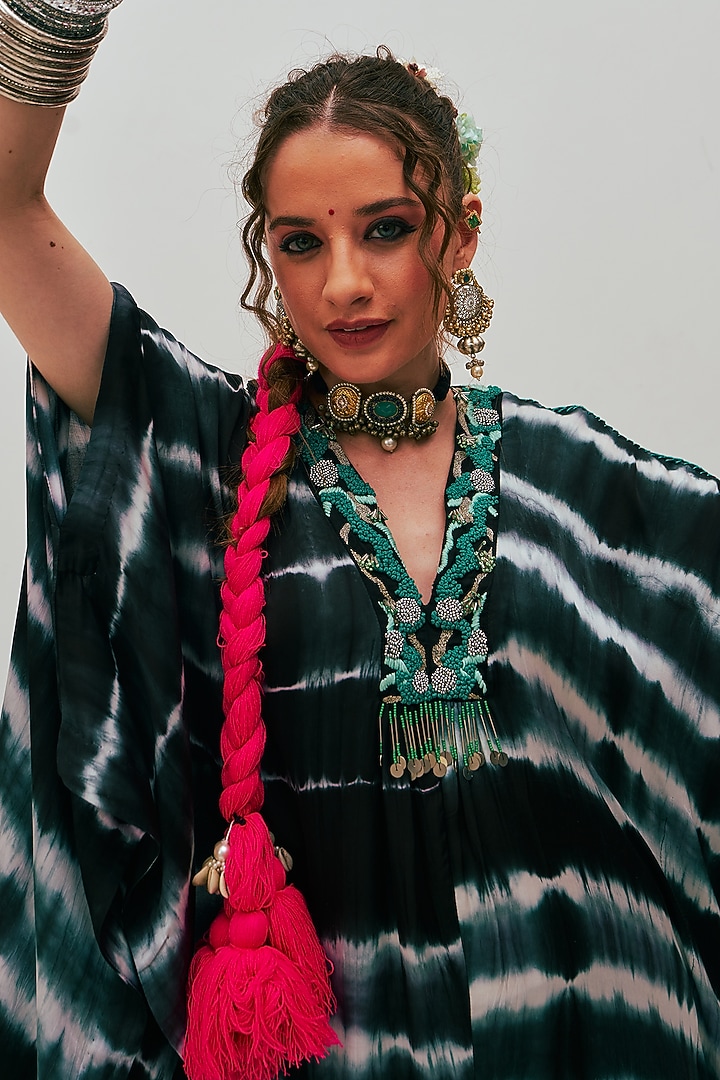 Black Modal Satin Tie-Dye Printed & Embroidered Kaftan by Spacelines at Pernia's Pop Up Shop