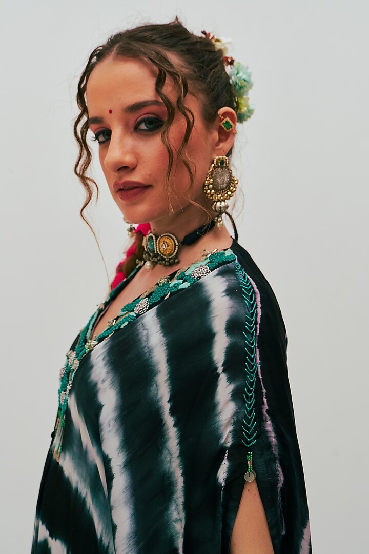 Black Modal Satin Tie-Dye Printed & Embroidered Kaftan by Spacelines at Pernia's Pop Up Shop