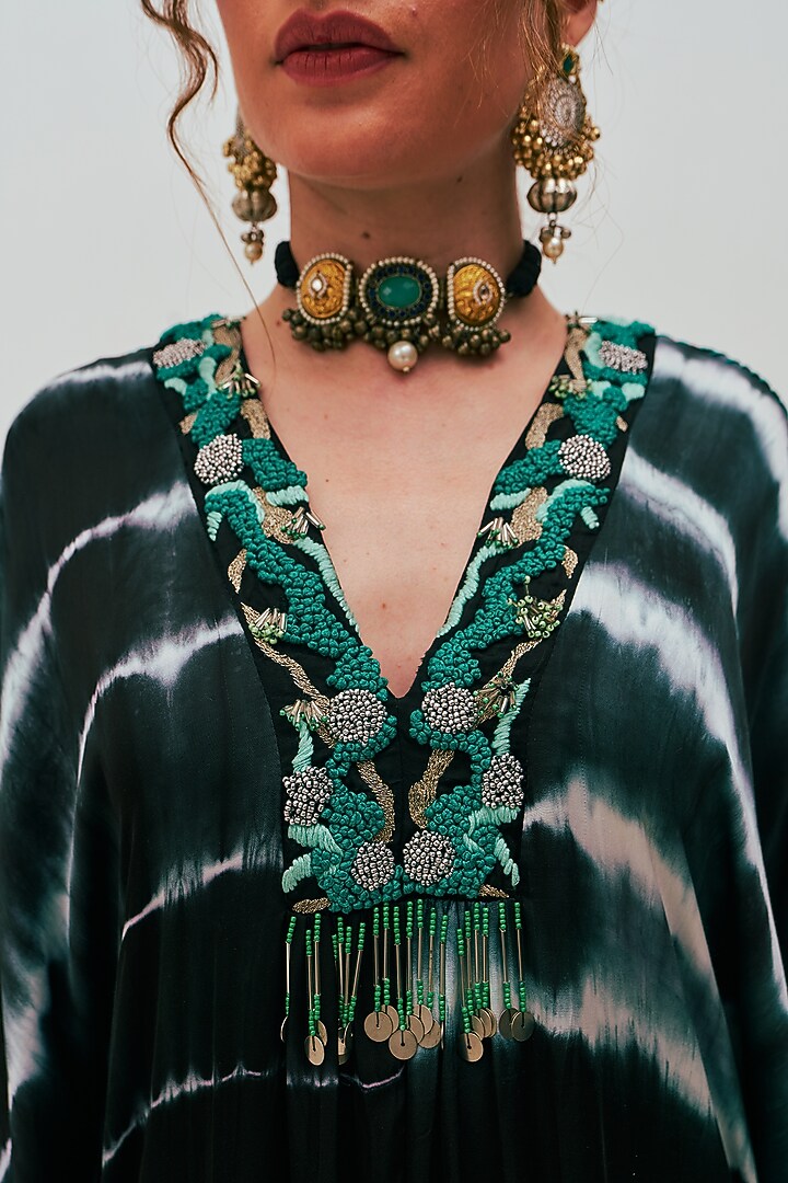Black Modal Satin Tie-Dye Printed & Embroidered Kaftan by Spacelines at Pernia's Pop Up Shop