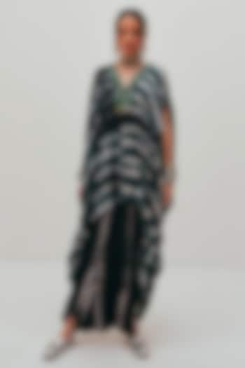 Black Modal Satin Tie-Dye Printed & Embroidered Kaftan Set by The Space Lines at Pernia's Pop Up Shop