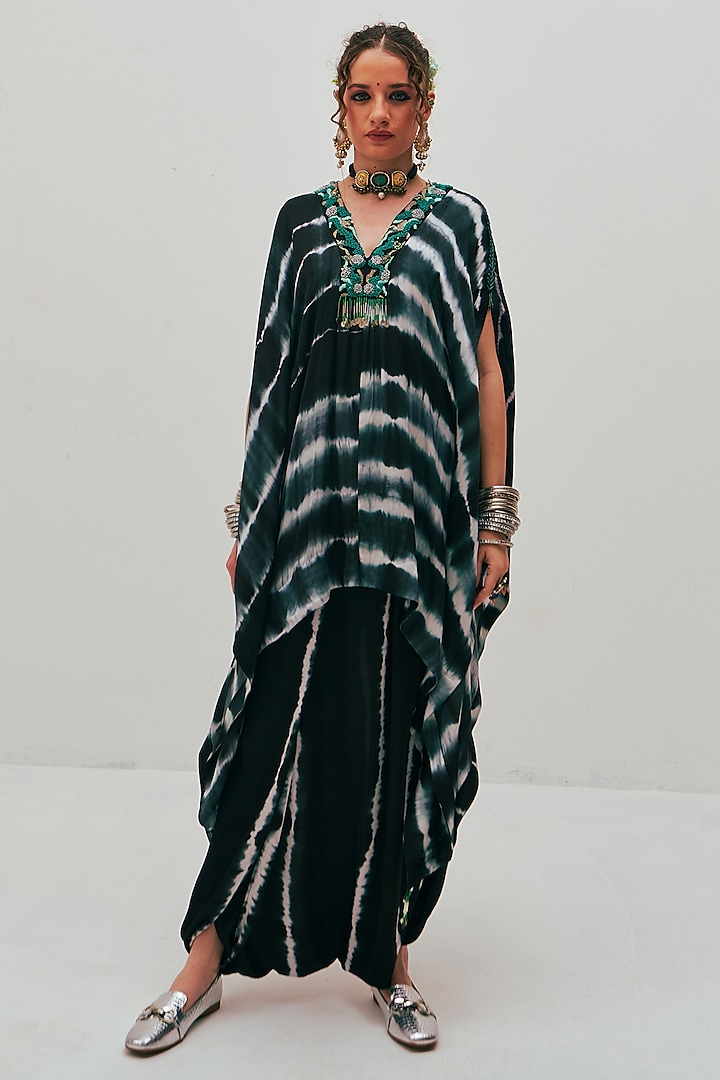 Black Modal Satin Tie-Dye Printed & Embroidered Kaftan Set by The Space Lines at Pernia's Pop Up Shop