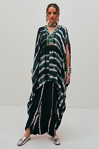 Black Modal Satin Tie-Dye Printed & Embroidered Kaftan Set by Spacelines