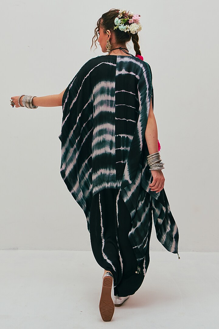 Black Modal Satin Tie-Dye Printed & Embroidered Kaftan Set by Spacelines at Pernia's Pop Up Shop
