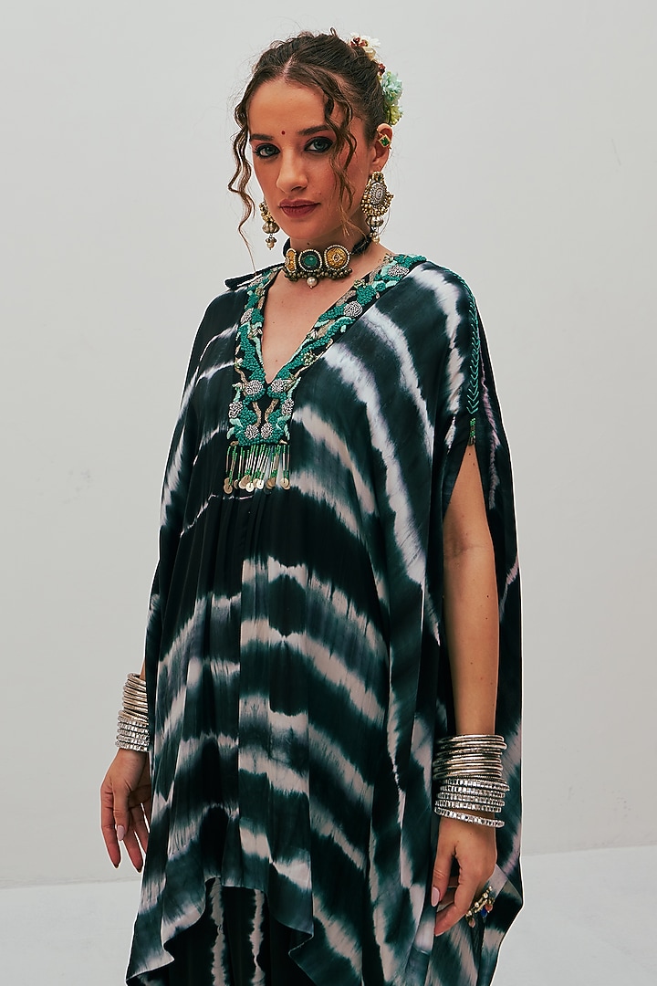 Black Modal Satin Tie-Dye Printed & Embroidered Kaftan Set by Spacelines at Pernia's Pop Up Shop
