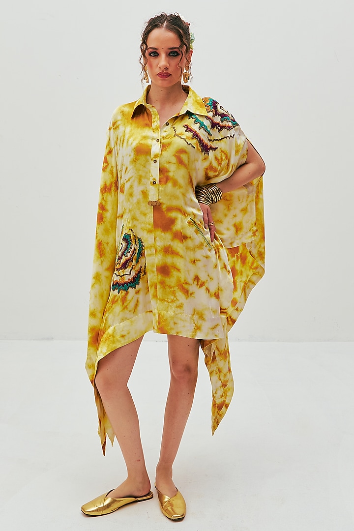 Multi-Colored Modal Satin Tie-Dye Printed & Embroidered Kaftan by The Space Lines at Pernia's Pop Up Shop