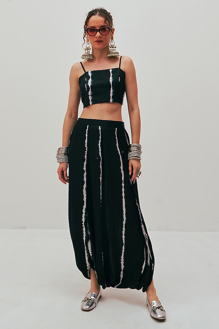 Black Modal Satin Tie-Dye Printed Dhoti Pants by The Space Lines at Pernia's Pop Up Shop