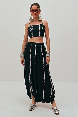 Black Modal Satin Tie-Dye Printed Dhoti by Spacelines