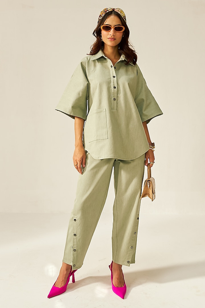 Frosty Green Cotton & Spandex Yarn Dyed Denim Co-Ord Set by The Space Lines at Pernia's Pop Up Shop