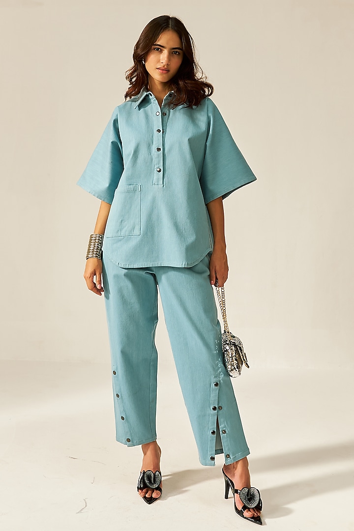 Blue Cotton & Spandex Yarn Dyed Denim Co-Ord Set by The Space Lines at Pernia's Pop Up Shop