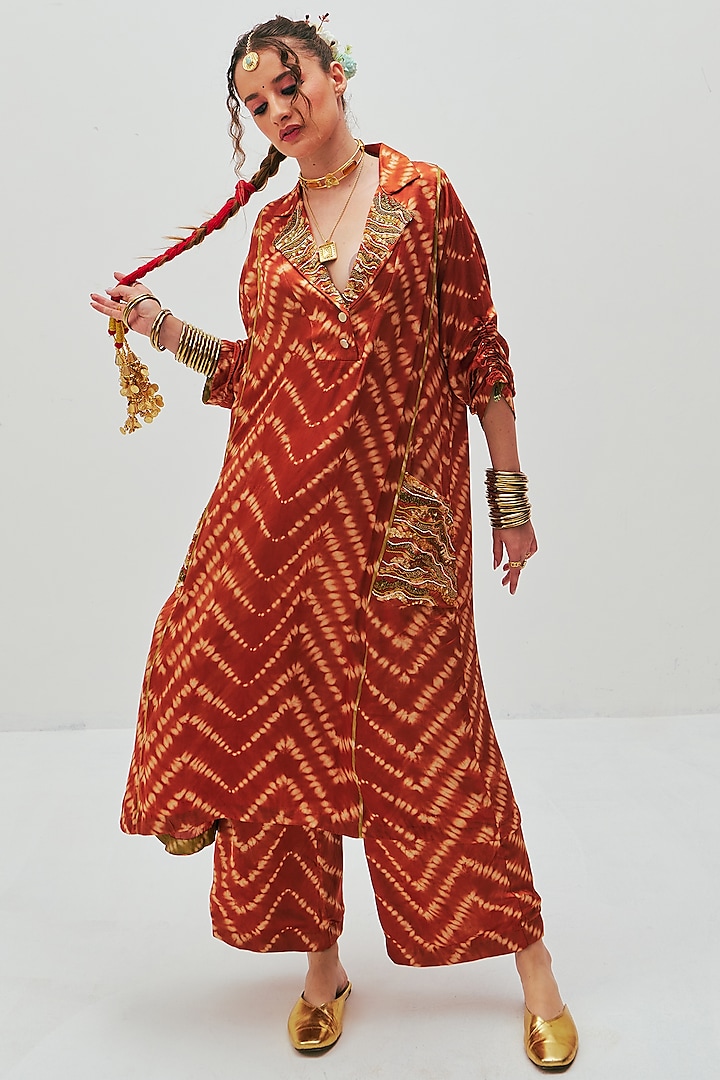 Red Modal Satin Tie-Dye Shibori Printed Kalidar Kurta Set by The Space Lines at Pernia's Pop Up Shop