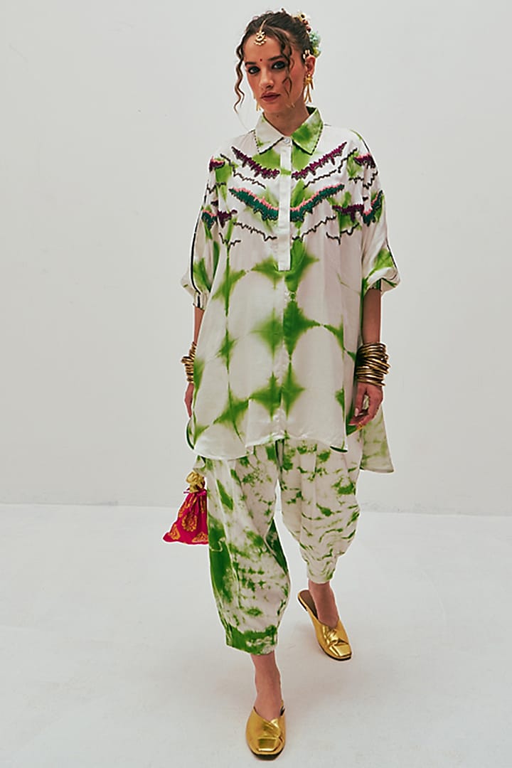 Multi-Colored Modal Satin Tie-Dye Shibori Printed Kalidar Kurta Set by The Space Lines at Pernia's Pop Up Shop