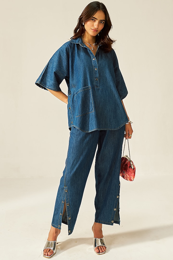 Blue Cotton Slub & Denim Co-Ord Set by The Space Lines at Pernia's Pop Up Shop