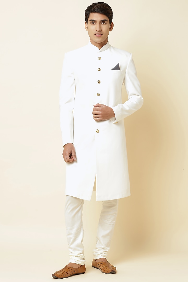 Pure White Terry Rayon Sherwani Set by Spring Break Men at Pernia's Pop Up Shop