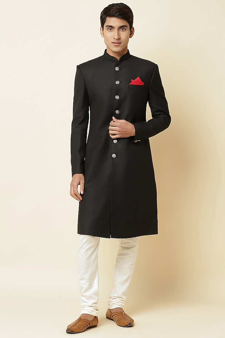 Black Terry Rayon Sherwani Set by Spring Break Men at Pernia's Pop Up Shop