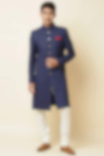 Navy Blue Terry Rayon Sherwani Set by Spring Break Men at Pernia's Pop Up Shop