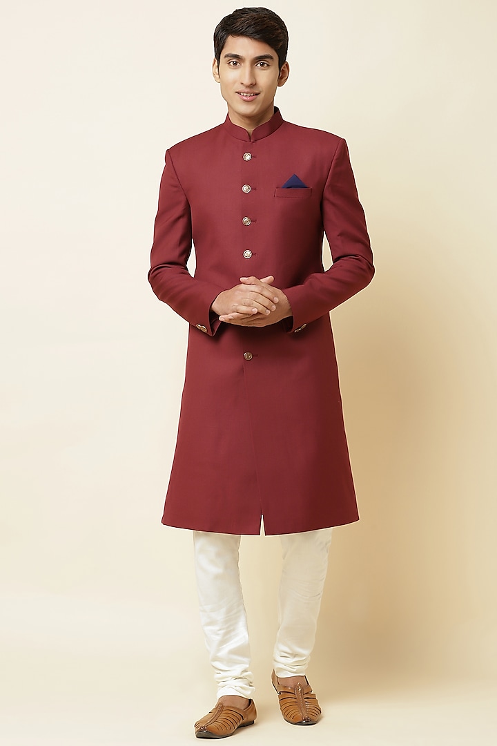 Maroon Terry Rayon Sherwani Set by Spring Break Men at Pernia's Pop Up Shop