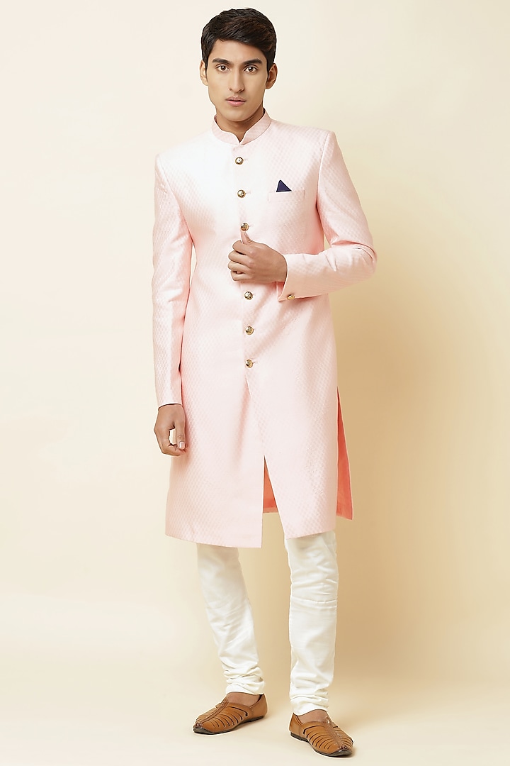 Blush Pink Textured Silk Sherwani Set by Spring Break Men