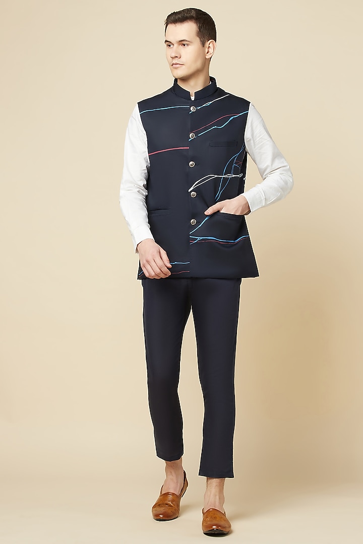 Navy Blue Cotton Polyester Printed Bundi Jacket by Spring Break Men