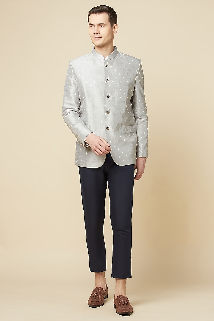 Grey Cotton Polyester Embroidered Bandhgala by Spring Break Men