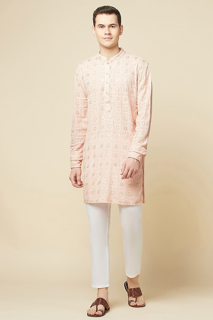 Pink Cotton Polyester Embroidered Kurta Set by Spring Break Men