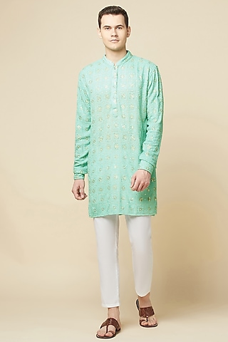 Mint Green Cotton Polyester Embroidered Kurta Set by Spring Break Men