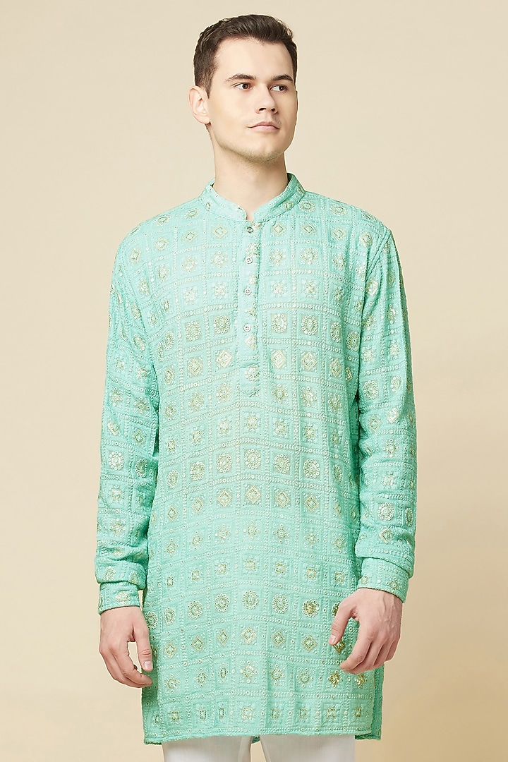 Mint Green Cotton Polyester Embroidered Kurta Set by Spring Break Men at Pernia's Pop Up Shop