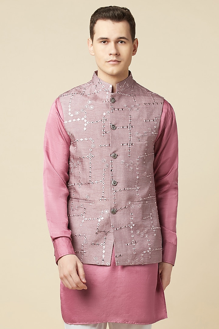 Pink Polyester Cotton Embroidered Bundi Jacket Set by Spring Break Men at Pernia's Pop Up Shop