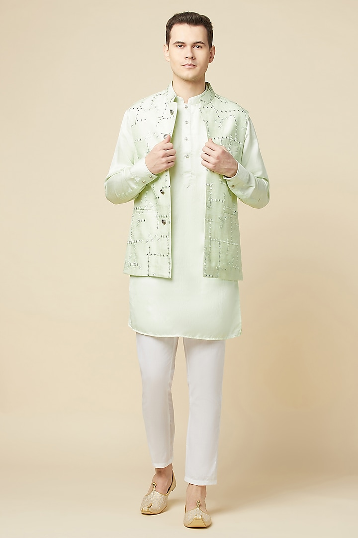 Mint Green Polyester Cotton Embroidered Bundi Jacket With Kurta Set by Spring Break Men