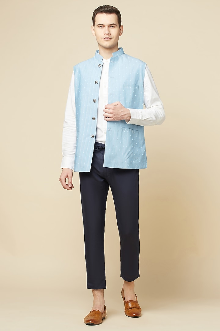 Sky Blue Cotton Printed Bundi Jacket With Pant Set by Spring Break