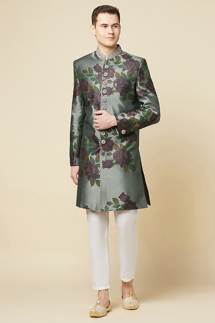 Grey Cotton Polyester Printed Sherwani Set by Spring Break Men