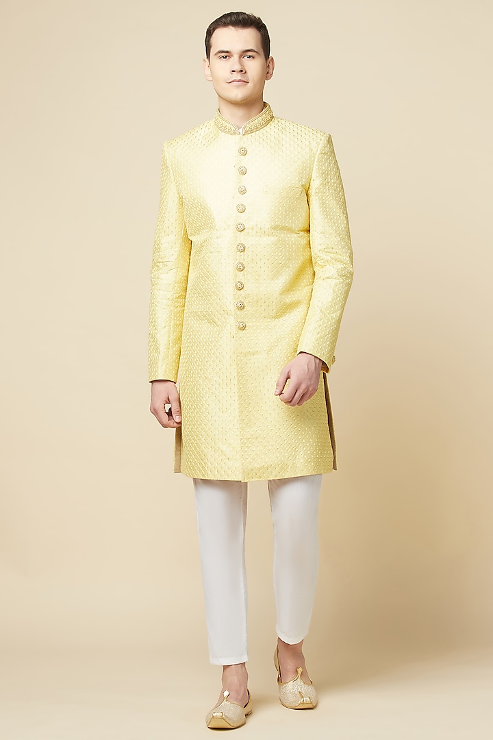 Yellow Jacquard Embroidered Sherwani Set by Spring Break Men