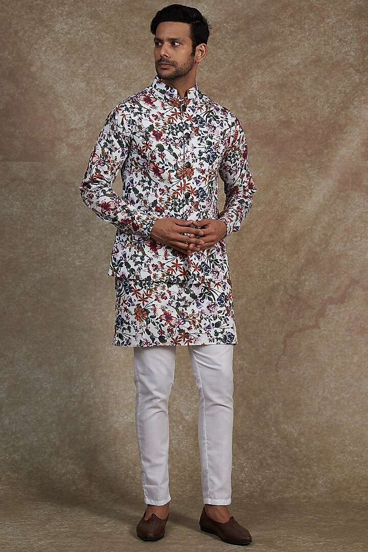 Multi-Colored Cotton Printed Bundi Jacket With Kurta Set by Spring Break