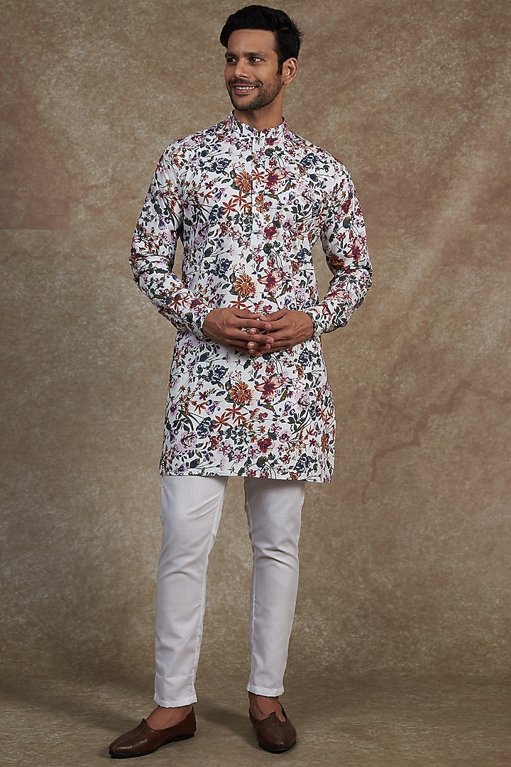 Multi-Colored Cotton Floral Printed Kurta Set by Spring Break Men