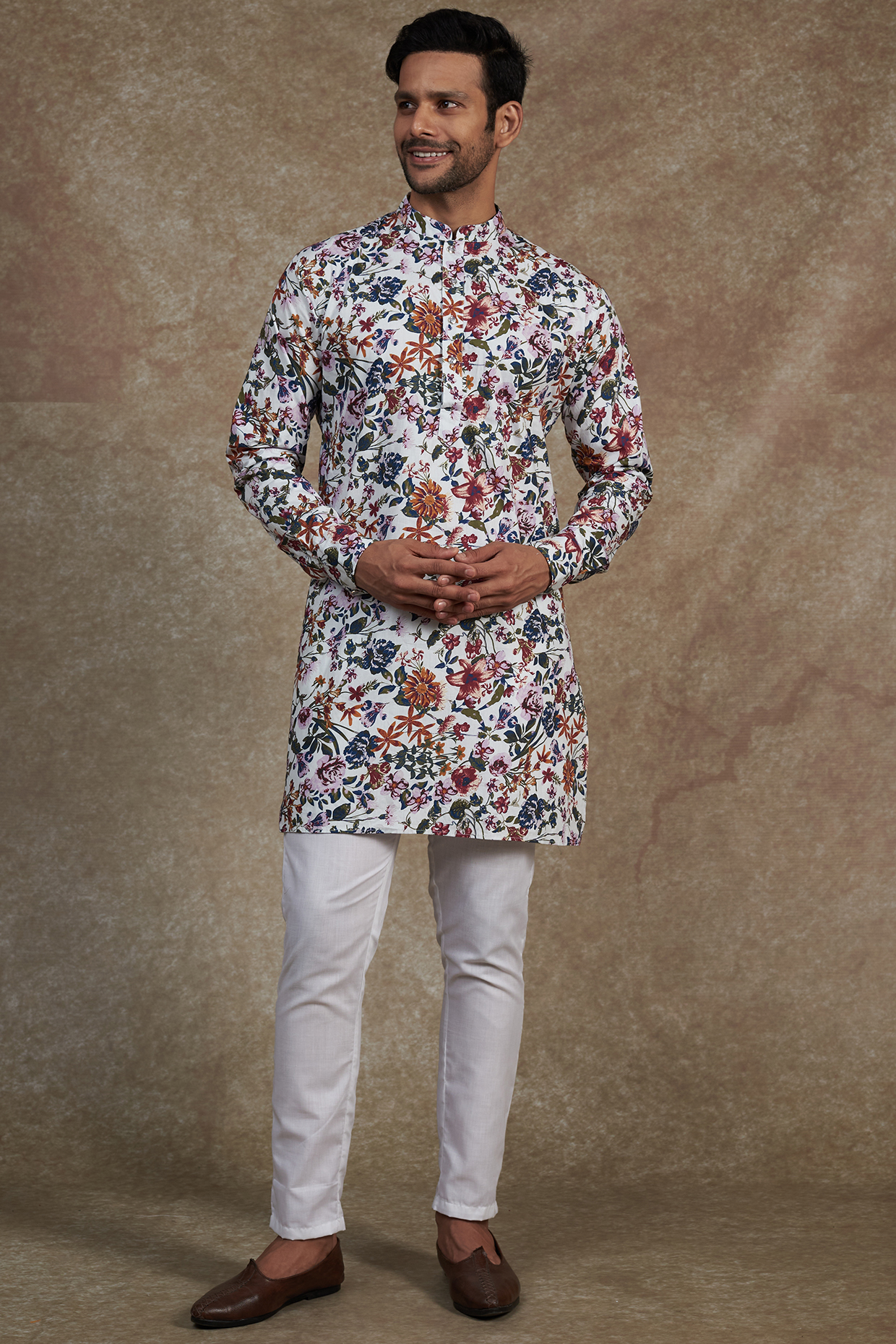 Multi-Colored Cotton Floral Printed Kurta Set by Spring Break Men