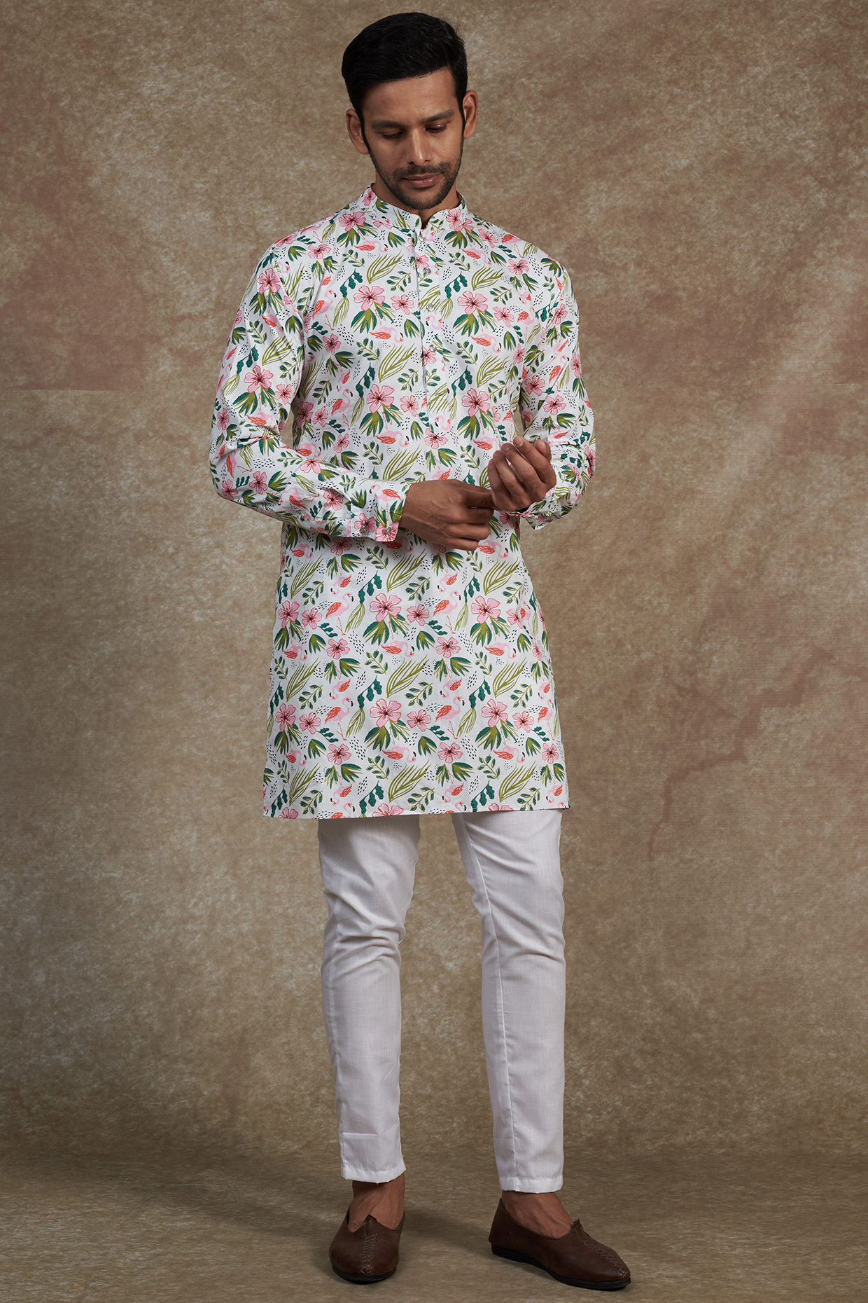 White Cotton Floral Printed Kurta Set by Spring Break